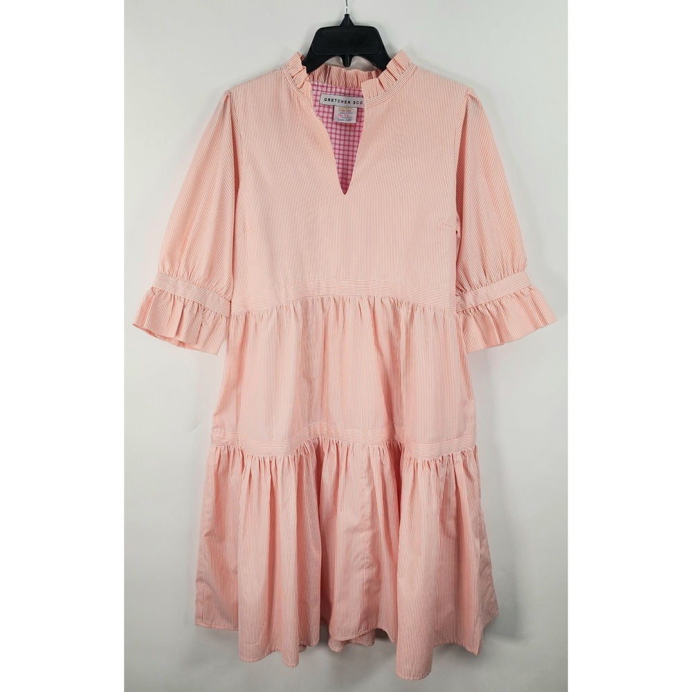 Gretchen Scott Designs Dress Women's S Mandarin Ruffle Teardrop Striped Peach